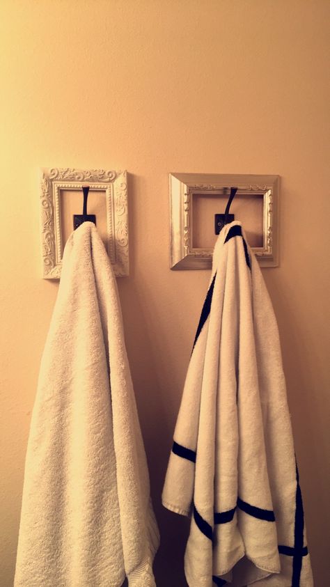 His and hers shower towel hooks! Shower Towel Hooks, Shower Towel, Towel Hooks, Bathroom Hooks, Diy Projects, Shower, Bedroom