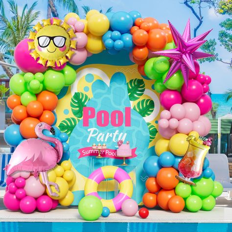 PRICES MAY VARY. 【Summer Pool Beach Party Decorations】The summer party decorations includes 1pcs sun foil balloons, 1pcs flamingo foil balloons, 1pcs flamingo wine cup foil balloons, 1pcs star foil balloons, 26pcs rose red balloons, 25pcs Pink balloons, 25pcs yellow balloons, 25pcs blue balloons, 25pcs light green balloons, 25pcs orange balloons, 1pcs silver ribbon, 1pcs 100 glue points and 1pcs balloon arch strip. 【Premium Materials】Our tropical balloon arch kit is made of natural latex, non-to Pool Party Balloon Arch, Hawaiian Balloon Arch, Star Balloons, Green Balloons, Splash Party, Glasses Sun, Luau Party Decorations, Balloon Arch Kit, Flamingo Birthday Party