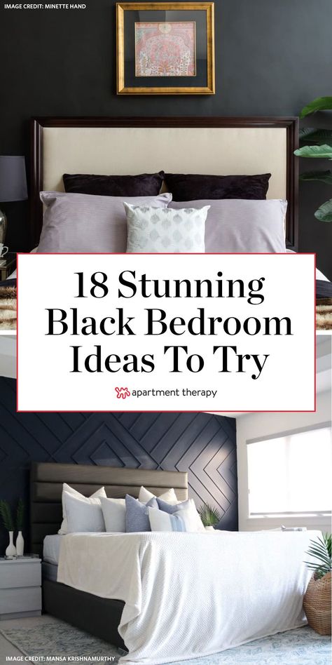 Black bedroom walls are having a moment, and it’s not difficult to see why. Along with creating a bold but sophisticated backdrop for a space, black paint can make a bedroom feel cozy, moody, and perfect for catching Zs. #bedroomideas #bedroomdecor #bedrooms #blackbedrooms #blackwalls #blackbedroomideas #bedroomdecorideas #cozybedroom #romanticbedroom Black Wall Guest Bedroom, Bedroom Decor With Black Wall, Cozy Black Bedroom Accent Wall, Bedding With Black Wall, Master Bedrooms With Dark Walls, Black Walls Master Bed, Bedroom With Black Walls Room Ideas, Master Black Accent Wall, Black Matte Walls Master Bedrooms