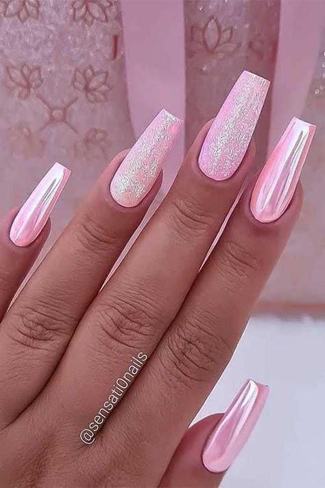 Pink Chrome Nails With Glitter, Metallic And Glitter Nails, Pink Crome Valentines Nails, Pink And Silver Valentine Nails, Pink Nail Acrylic Designs, Pink Chrome Nails With Rhinestones, Pink Chrome Nails With Hearts, Pink Acrylic Nails Designs Glitter, Gorgeous Nails Coffin