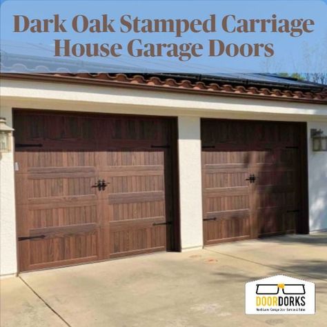 Beautiful Single Car Dark Oak Stamped Carriage House Garage Doors with Decorative Hardware from CHI Overhead Doors, installed by Door Dorks San Diego. Notice how there is no repeated wood pattern? That is because CHI does what no one else does - they actually scan real individual pieces of wood to create unique patterns for each door! We want you to have the curb appeal to really make your house look it's best and make your neighbors say WOW! Stamped Carriage House Garage Door, Oak Garage Doors, Chi Garage Doors, Car Dark, Garage Clutter, Carriage House Garage Doors, Carriage House Doors, Plank Door, Carriage House Garage