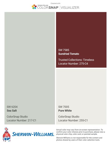 I just created this color palette with the Sherwin-Williams ColorSnap® Visualizer app on my Android phone. What do you think? You can learn more about ColorSnap Visualizer and get it on your phone free by visiting http://getcolorsnap.com. Sherwin Williams Color Schemes, Sherwin Williams Colors, House Color Palettes, Red Colour Palette, Blue Door, House Paint Exterior, Exterior House Colors, Sherwin Williams, Paint Colors For Home