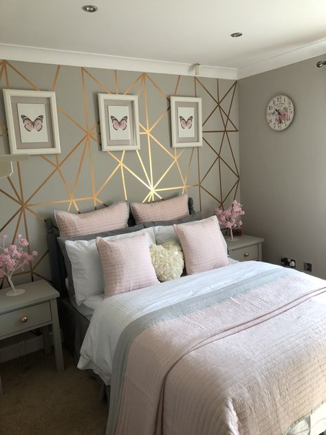 Blush & Grey with Geometric Feature Wall Grey Feature Wall Bedroom, Gold Accents Bedroom, Pink Gray Bedroom, Black And Grey Bedroom, Pink Bedroom Walls, White Wall Bedroom, Grey Bedroom Decor, Grey Bed Frame, Girls Room Design