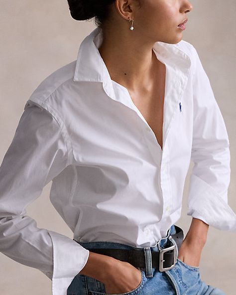 Cotton Shirt for Women | Ralph Lauren® UK Ralph Lauren Oxford Shirt Women Outfits, Ralph Lauren Blouse Outfit, Ralph Lauren Shirt Outfit, Polo Ralph Lauren Women Outfits, Blouse With Skirt, Ralph Lauren Blouse, Polo Ralph Lauren Women, Women Ralph Lauren, Blouse Outfit