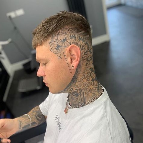 Small Face Tattoo Men Under Eye, Side Head Tattoo Men, Top Of Head Tattoo, Side Of Neck Tattoo Men, Side Of Head Tattoo Men, Mandala Head Tattoo, Side Face Tattoo Men, Rib Tattoos Men, Full Neck Tattoos For Men