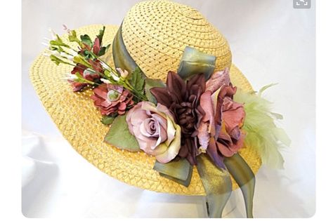 Straw Summer hat with silk flowers Garden Party Hats, Decorated Hats, Easter Bonnets, Hat With Flowers, Tea Hats, Gardening Hat, Victorian Hats, Easter Hats, Easter Bonnet