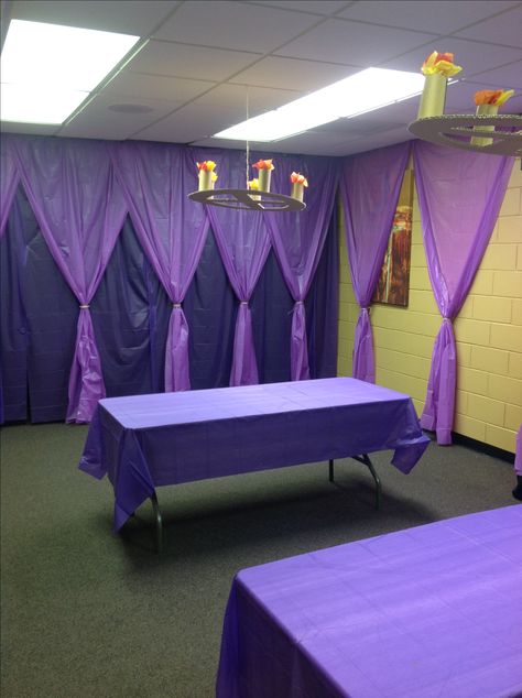 Decorating wall space with plastic table cloths. Has a nice gothic look to it. Plastic Table Cover Backdrop, Backdrop With Tablecloth Plastic Tables, Plastic Table Cloth Ideas Decorations, Plastic Table Cloth Ideas, Plastic Table Cloth Backdrop, Plastic Tablecloth Decorations, Table Cover Backdrop, Plastic Tablecloth Backdrop, Dnd Birthday