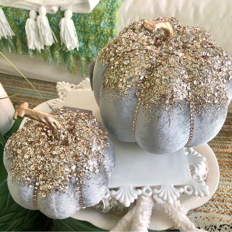 Cyndy Sells Seashells By The Seashore & More...From New & Vintage Decor, Seashells, Seasonal, One Of A Kind, Beach Bags, Jewelry & Clothing In The Women’s & Men’s Sequins & Glitter Just Make This Pretty Steal Blue Gray Bling Pumpkins Are A Show Stopper. New! Velveteen Style Hollywood Sparkle Pumpkin Pair. Yes, Price Is For Both! Measures Approx 9” & 5 1/2”Weighted Pumpkin 3lbs With Box And Packing. *All Items 4-Sale & Listed In The Last Photos Vignette. For More One Of A Kind Pumpkins Fall, Hall Jeweled Pumpkins, Bling Pumpkins, Shabby Chic Pumpkins, Elegant Christmas Tree Decorations, Elegant Pumpkins, Paper Mache Pumpkins, Summer Beach House, Fall Pumpkin Crafts, Glitter Pumpkins