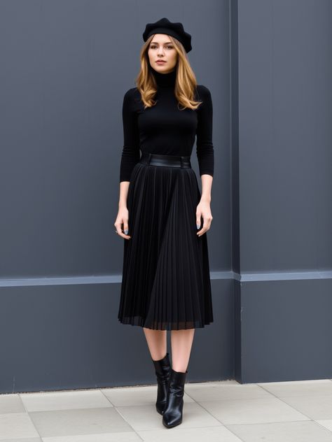 Turtleneck skirt outfit Woollen Skirts Outfit, Turtleneck Skirt Outfit, Turtleneck With Skirt, Sweater Outfit For Work, Turtleneck And Skirt Outfit, Slip Skirt Outfit Fall, Pleated Leather Skirt Outfit, Black Slip Skirt Outfit, Winter Outfits With Skirts