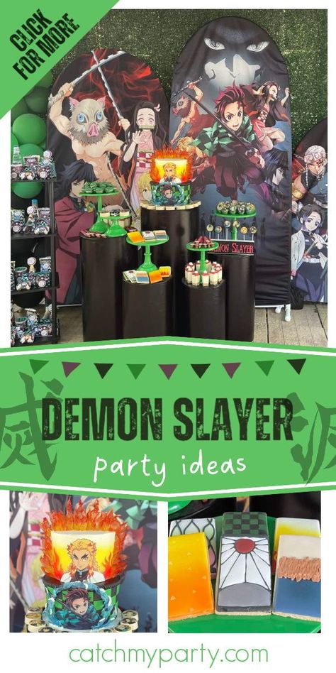 Check out this awesome Demon Slayer birthday party! The cake is a master-piece! See more party ideas and share yours at CatchMyParty.com Demon Slayer Themed Cake, Demon Slayer Birthday Party Cake, Demon Slayer Birthday Ideas, Manga Party Ideas, Demon Slayer Party Food, Demon Slayer Birthday Party Decorations, Demon Slayer Themed Birthday Party, Demon Slayer Party Decorations, Demon Slayer Birthday Party Ideas