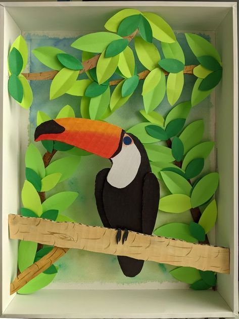 Jungle Paper Craft, Cardboard Jungle Animals, Diy Jungle Animals, Jungle Projects For Kids, Vbs Jungle Theme Decorations, Paper Toucan, Jungle Crafts For Kids, Diy Jungle Theme Decorations, Jungle Theme Decoration Ideas