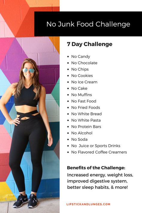 7 Day No Junk Food Challenge #WeightLoss Junk Food Challenge, No Junk Food Challenge, No Junk Food, Healthy Eating Challenge, 13 Day Diet, No Sugar Challenge, Low Fat Diet Plan, Calorie Workout, Clean Eating Challenge