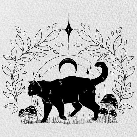 Black cat walking with mushrooms and grass tattoo art with moons Witchy Line Art, Black Cat Walking, Grass Tattoo, Tattoo On Stomach, Tattoo Patchwork, Black Cat Tattoo, Black Cat Drawing, W.i.t.c.h Art, Cat Walking