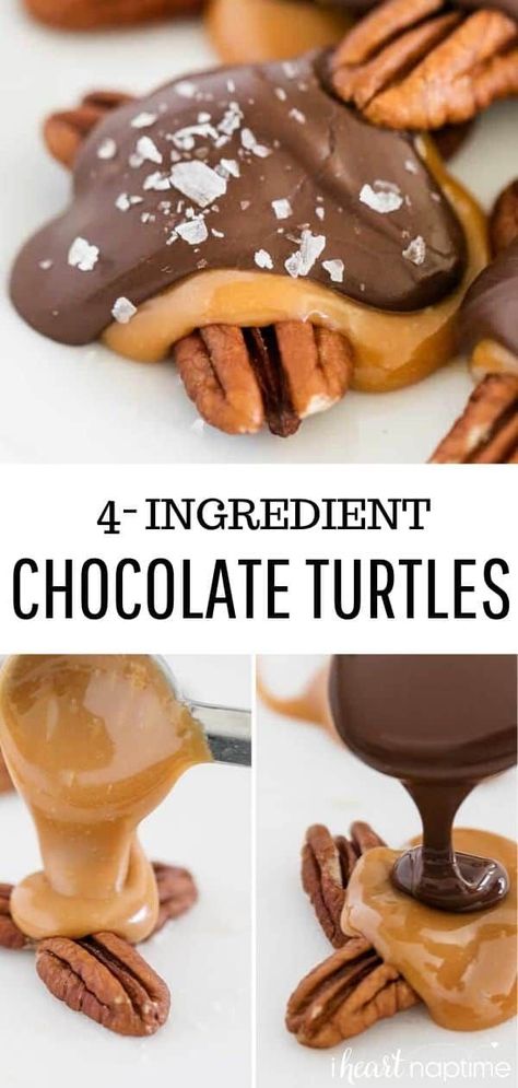 These easy 4-ingredient chocolate turtles will become your new favorite treat. The crisp pecans, chewy caramel and creamy chocolate with sea salt on top is pure heaven! #chocolate #caramel #candy #candyrecipes #sweet #sweets #dessert #dessertfoodrecipes #christmas #christmascandy #christmascandyrecipes #recipes #iheartnaptime Chocolate Caramel Pecan Candy, Easy Christmas Carmels, How To Make Chocolate Turtles, Carmel Treat Recipes, Desserts Using Kraft Caramels, Werthers Caramel Turtles, Chocolate Turtle Recipe, Captain Crunch Candy Recipe, Turtle Recipe Using Caramels