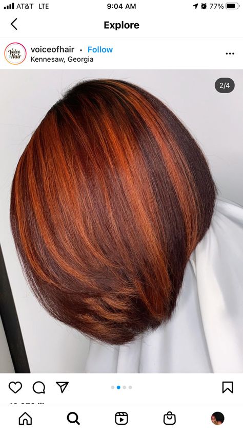 Relaxed Hair Highlights, Copper Highlights Black Women, Bob With Bangs Red Hair, Fall Natural Hair Color For Black Women, 350 Hair Color On Black Women, Ombre Sew In, Fall Color Bobs Black Women, Ginger Red Hair Black Women, Copper Blonde Hair Black Women