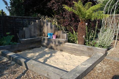 sandpit, chunky treated pine sleepers Sand Pits For Kids, Kids Yard, Outdoor Play Space, Kids Backyard, Backyard Gardens, Play Garden, Outdoor Play Areas, Outdoor Play Area, Kids Outdoor Play