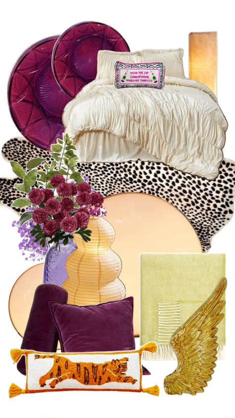 •	Cozy ruched bedding for ultimate comfort. 	•	Statement plates in deep magenta. 	•	Plush velvet pillows in royal purple. 	•	Chic embroidered pillows with quirky quotes and motifs. 	•	Elegant glass vases in warm tones. 	•	Unique accent decor like the golden wing and vibrant flowers.  Get inspired to create your own dreamy sanctuary with Urban Outfitters’ unique home decor pieces! 🛋️💫  #UrbanOutfitters #HomeDecor #BedroomInspiration #InteriorDesign #EclecticStyle #PinterestContest Magenta Decor, Ruched Bedding, Embroidered Pillows, Deep Magenta, Quirky Quotes, Vibrant Flowers, Dream House Rooms, Dreamy Room, Apartment Decor Inspiration