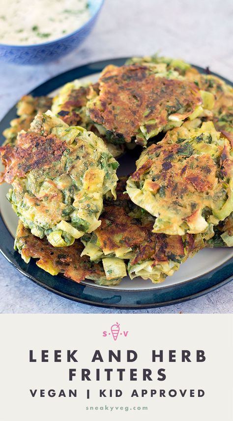 Fresh herbs, delicious spices and tasty leeks make for perfect leek fritters. A delicious vegan lunch or supper served with tahini yoghurt dip or salad. #vegan #fritters #leeks #leekfritters #gramflour #veganlunch #veganfritters Vegan Recipes With Leeks, Leek Vegan Recipes, Recipes For Leeks, What To Make With Leeks, Leek Recipes Vegan, Vegan Leek Recipes, Leak Recipes, Vegan Nibbles, Leek Fritters