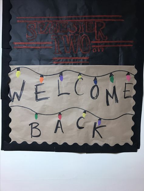 Stranger Things themed bulletin board I made for the beginning of the semester #stfrannyra #reslife #raideas #strangerthings #residentassistant Stranger Things Student Council Posters, Stranger Things Ra Bulletin Board, Stranger Things Classroom Theme, Stranger Things Classroom Ideas, Stranger Things Bulletin Board, Stranger Things Classroom, Dorm Bulletin Boards, School Counseling Bulletin Boards, Middle School Bulletin Boards