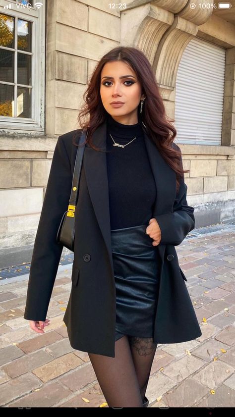 Blazer Leather Skirt Outfit, Leather Skirt Outfit With Blazer, Leather Skirt And Turtle Neck Outfit, Leather Mini Skirt And Blazer Outfit, Turtleneck Under Blazer, Formal Leather Skirt Outfit, Black Blazer And Skirt Outfit Classy, Leather Blazer And Skirt Outfit, Black Turtleneck And Skirt Outfit