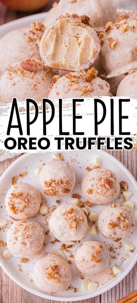 Every bite of these no-bake Apple Pie Oreo Truffles tastes like the most delicious fall day, with sweet apples, cookies, cinnamon, and pecans! #BreadBoozeBacon #oreo #goldenoreo #apple #applepie #piefilling #whitechocolate #cinnamon #creamcheese #truffle #dessert #partyfood #fall #thanksgiving Fall Bake Sale Ideas Easy, Truffle Dessert, Fall Bake Sale, Bacon Desserts, Truffle Recipe Easy, Cookies Cinnamon, Bake Sale Treats, Truffle Recipes, Apple Pie Cake