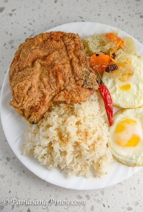 Oven Baked Pork Chop Silog with Atchara - Panlasang Pinoy Silog Meals Plating, Silog Recipe, Pork Chop Oven, Pork Chop Filipino Recipe, Pilipino Recipe, Pickled Papaya, Pinoy Breakfast, Silog Meals, Pagkaing Pinoy