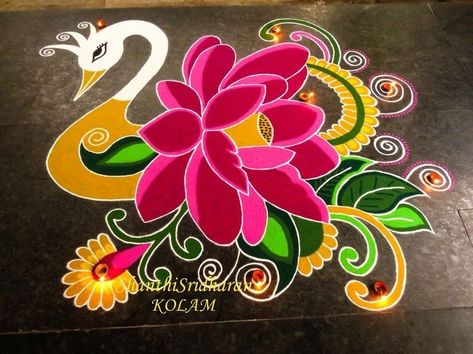 Diwali Celebration Ideas, Swan Rangoli, Cartoons Rangoli Design, Cartoons Rangoli, Rangoli Diwali, Lotus Rangoli, Easy Rangoli Designs Videos, Peacock Rangoli, Rangoli Designs Photos