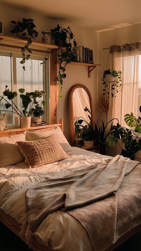 Get inspired with our chic home decor ideas and luxe trends. Discover elegant solutions and stylish updates to refresh your interiors and create your dream home. #HomeInspiration #TrendyDecor #LuxeStyle Boho Bed In Front Of Window, Bedroom Layout Aesthetic, Golden Boho Bedroom, Warm Brown Bedroom Ideas, Dark Brown Furniture Bedroom Aesthetic, Light Brown Walls Bedroom, Bedroom Brown Aesthetic, Bohemian Room Decor Ideas, Brown And White Room Aesthetic