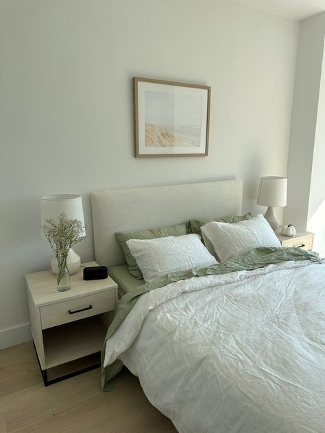 Bed Ideas Green And White, Sage Sheets White Comforter, Sage Green White Bed, Sage Green And White Room Ideas, Bedsheets Aesthetic Green, Sage Green Sheets Cream Comforter, Sage Bed Frame, Sage Green Bed Frame Bedroom Ideas, White And Sage Green Bed