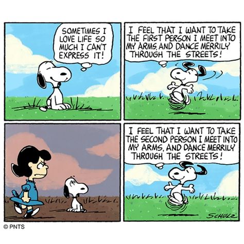 philosophy on life - hug the first person you see and dance, or maybe the 2nd one #humor #funny #Snoopy #carton #love Peanuts Snoopy Comics, Charlie Brown Comics, Snoopy Comics, Snoopy Cartoon, Peanuts Comic Strip, Snoopy Funny, Cartoon Strip, Peanuts Cartoon, Snoopy Quotes