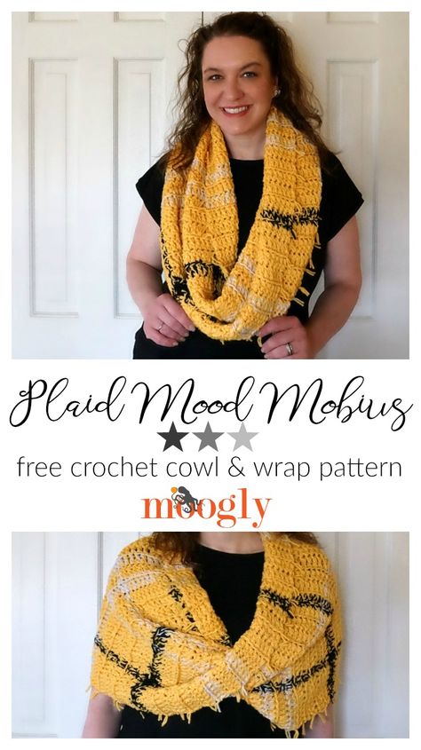 The Plaid Mood Mobius is a gorgeous yellow tartan piece that you can wear as both a wrap and a cowl - and it's free on Moogly! Works up fast too - great for gift giving!  #redheartyarns #plaid #tartan #crochet #mooglyblog #freecrochet #plaidcrochet Crochet Capelet Pattern Free For Women, Mobius Crochet Pattern Free, Plaid Crochet Pattern, Crochet Mobius, Mobius Scarf, Easy Crochet Shawl, Crochet Triangle Scarf, Plaid Crochet, Scarf Knitting Pattern