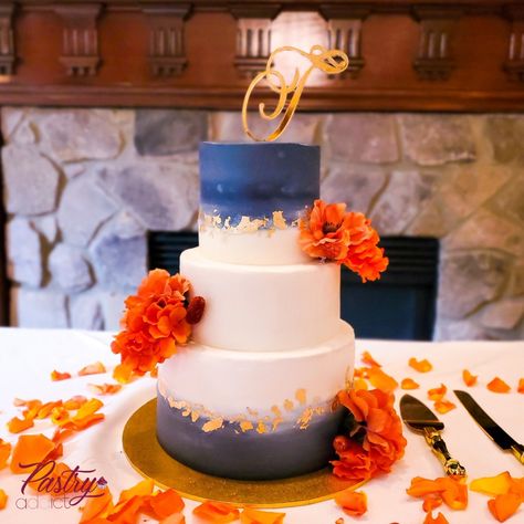 3 Tier Wedding Cake Navy Blue, Burnt Orange And Navy Wedding Cake, Navy Blue And Burnt Orange Wedding Reception, Navy Blue And Orange Wedding Decorations, Wedding Cake Orange And Blue, Navy Blue And Rust Wedding Cake, Burnt Orange And Navy Blue Wedding Ideas, Burnt Orange Wedding Cake Ideas, Navy Blue And Burnt Orange Wedding Black People