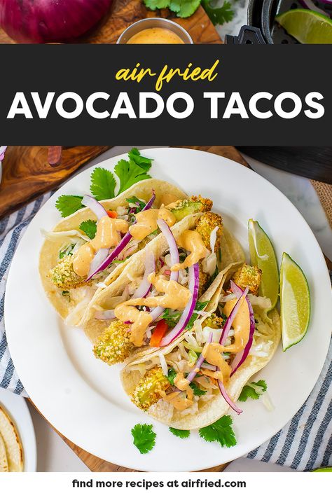 These air fryer avocado tacos are a great vegetarian taco option that provides a great texture and taste to your taco! Avacado Tacos, Air Fryer Tacos, Air Fryer Avocado, Fried Avocado Tacos, Avocado Fries Recipe, Avocado Tacos, Vegetarian Taco, Avocado Taco, Avocado Fries