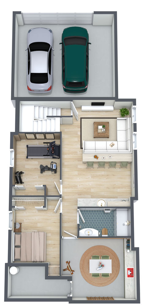 A 3D basement layout idea floor plan with a two-car garage, a family room with a bar, a home gym, one beige guest bedroom, a blue bathroom, a large crafting area, and a storage room. House With Gym Floor Plans, Basement Layout Floorplan, Basement Layout Ideas Floor Plans, Dorm Layout, Crafting Area, Family Room Layout, Dream Basement, Basement Layout, Apartment Floor