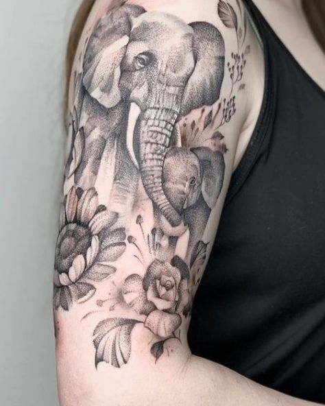 Elephant Family Tattoo, Mandala Elephant Tattoo, Baby Elephant Tattoo, Fierce Tattoo, Mother Elephant, Tattoo With Flowers, P Tattoo, Elephant Tattoo Design