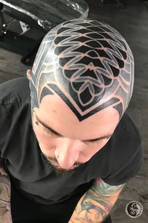 Black head tattoos for men done by tattoo artist Deryn Twelve | Wormhole Tattoo- Best choice for tattoo artists | #deryntwelvetattoo #tattooing #tattooist #tattoosforme #inkedtattoo #tattoos #tattooideas #tattoodesigns #tattoomodels #besttattoostyles #blacktattoos #tattooart #tattooedmen #inkedmen  #tattoopinterest #tattooflash | And we are posting a lot of video about tattoo supplies or tattoo skills on my YouTube channel "Wormhole Tattoo". Scalp Tattoos Men, Head Tattoo Hair, Head Tattoo Ideas, Tattoo Skills, Tattoo Ideas Male, Bald Head Tattoo, Unique Tattoos Black Women, Wormhole Tattoo, Scalp Tattoo