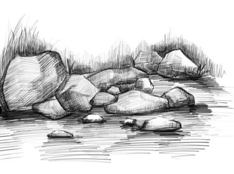 How To Draw Rocks Step By Step, Rock Drawing Simple, Pebble Drawing, Stone Sketch, Draw Rocks, Rock Illustration, Drawing Rocks, Landscape Pencil Drawings, Pencil Drawings For Beginners