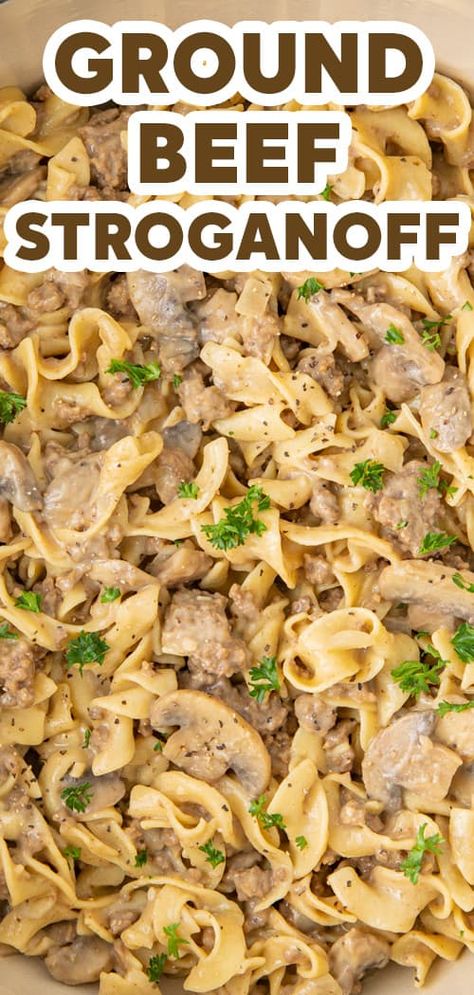 This quick and easy ground beef stroganoff with mushrooms in a delicious sauce is cooked in one pot for easy cleanup! Hamburger Beef Stroganoff Easy, Beef Stroganoff With Mushrooms, Beef Stroganoff With Ground Beef, Hamburger Beef Stroganoff, Beef Mushroom Stroganoff, Hamburger Stroganoff Recipe, Easy Ground Beef Stroganoff, Hamburger Stroganoff, Beef Stroganoff Easy