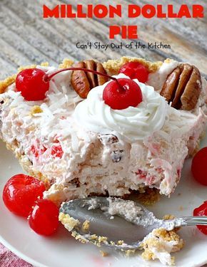 Million Dollar Pie | Can't Stay Out of the Kitchen | this creamy #pie is so spectacular you will find yourself drooling over every bite! It's really easy too. #dessert #cherries #pineapple #coconut Millionaire Pie Recipe, Pie No Bake, Millionaire Pie, Weight Watcher Desserts, Pineapple Desserts, Spend With Pennies, Ambrosia Salad, Low Carb Dessert, Easy Pie