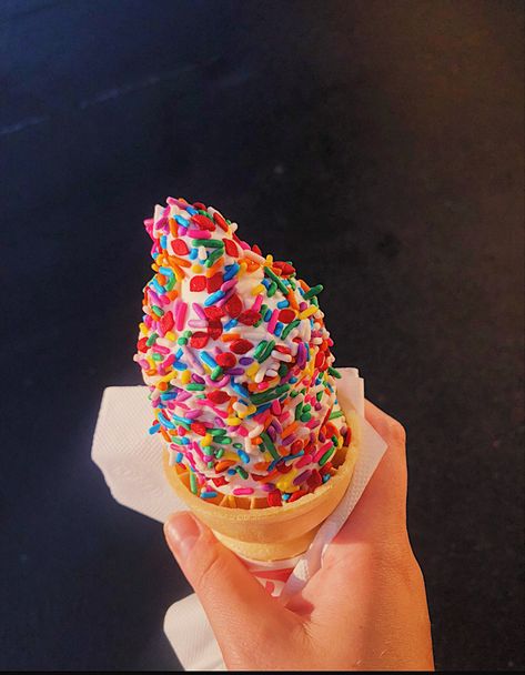 Ice cream cone with rainbow sprinkles Ice Cream Cone Aesthetic, Jaz Core, Summer Photos To Recreate, Ice Cream Cone With Sprinkles, Sprinkle Ice Cream, Healing Era Aesthetic, Ice Cream With Sprinkles, Ice Cream Rainbow, Ice Cream Sprinkles