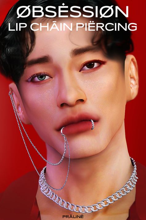 OBSESSION Lip Chain Piercing | Pralinesims on Patreon Sims 4 Cc Lip Peircings, Sims 4 Nonbinary, Ts4 Piercing Cc, Ts4 Accessories, 4 Piercings, Chain Piercing, Sims 4 Men Clothing, Men's Piercings, Sims 4 Piercings