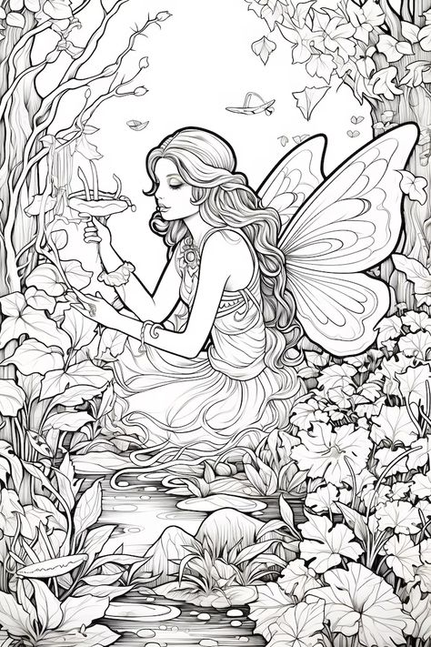 Fairy Coloring Book, Pencil Drawing Images, Coloring Pages For Grown Ups, Skull Coloring Pages, Whimsical Art Paintings, Fairy Drawings, Dreamy Artwork, Fairy Coloring Pages, Fairy Coloring