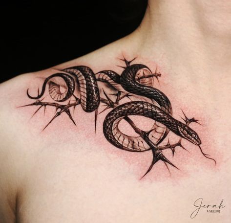 Snake Collar Bone Tattoo, Tattoos Collar Bone, Third Eye Tattoos, Thorn Tattoo, Shoulder Sleeve Tattoos, Snake Tattoos, Bone Tattoo, Bone Tattoos, Mens Shoulder Tattoo