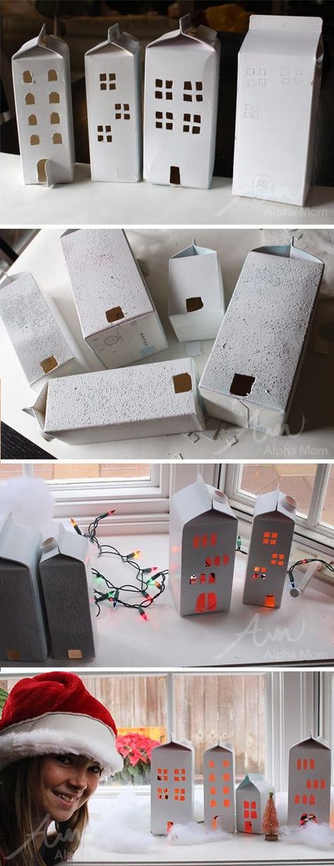 Milk Carton Christmas Village Craft by Brenda Ponnay for Alphamom.com #christmas #craft #kidscraft #holidaycraft #christmascraft #diydecorations Christmas Village Ideas, Milk Carton Crafts, Diy Wedding Garland, Santa Workshop, Xmas Village, Christmas Tree Decorations Ribbon, Milk Cartons, Diy Projects For Men, Village Ideas