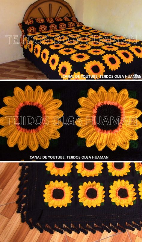 Sunflower Granny Square Blanket, Sunflower Afghan, Granny Square Blanket Crochet Pattern, Square Blanket Crochet Pattern, Granny Square Blanket Crochet, Sunflower Granny Square, Sunflower Blanket, Cluster Stitch, Crochet Pattern Tutorial