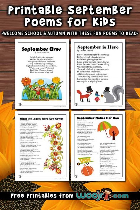 Printable September Poems for Kids | Woo! Jr. Kids Activities September Poems For Kids, Autumn Poems For Kids, Fall Poems For Kids, September Poem, Teacher Worksheets Lesson Plans, Poems For Students, Preschool Poems, Poetry Tea, Poetry Tea Time