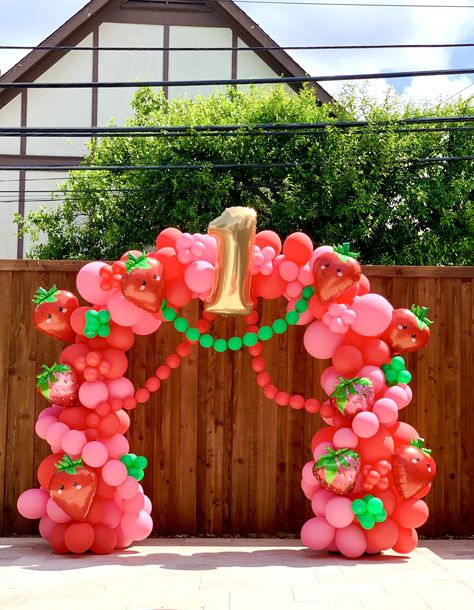 Strawberry balloons for 1st birthday. Organic arch.  Girls birthday arch Strawberry Themed Balloon Arch, Strawberry Shortcake Balloon Arch, Strawberry First Birthday Theme Decor, Strawberry Themed 1st Birthday Decor, Strawberry Balloon Garland, Strawberry Shortcake Birthday Theme, Strawberry Balloon Arch, Strawberry Themed 1st Birthday, Strawberry First Birthday Theme