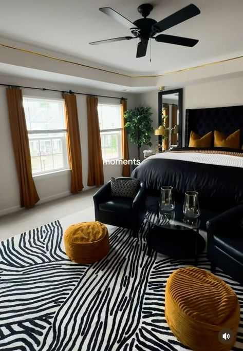 All Black Bedding Bedroom Ideas, Black And White Bedroom Ideas Apartment, Orange And Black Room Ideas, Dark And Moody Decor, Bedroom Ideas With Black Bed, Renter Friendly Bedroom Ideas, Master Room Decor Ideas, Black Bedroom Furniture Decor Ideas, Room Ideas Black And White