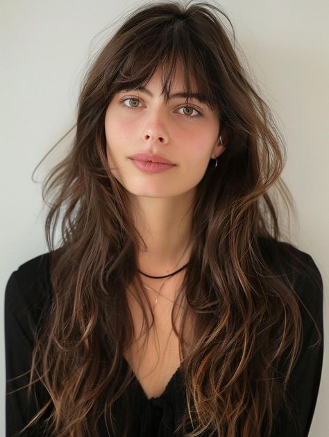 Trending Long Haircuts with Bangs for 2024: Style Ideas and Tips Fringe Haircut Long Hair, Haircuts Bangs Long, French Girl Haircut Long, Fringe With Long Layers, Long Wolf Haircut With Bangs, Piecy Bangs With Long Hair, French Bangs Long Hair Brunette, French Bangs Haircut, 70s Hair With Bangs