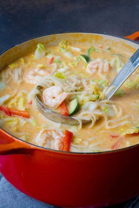 The recipe for Thai Coconut Soup couldn't be easier! Plus, it is healthier than takeout. Packed with shrimp, rice noodles and vegetables. 296 calories and 8 Weight Watchers Freestyle SP Shrimp Cabbage, Shrimp Rice Noodles, Thai Noodle Soups, Thai Coconut Soup, Shrimp Rice, Shrimp And Vegetables, Thai Noodles, Shrimp Recipes For Dinner, Coconut Soup